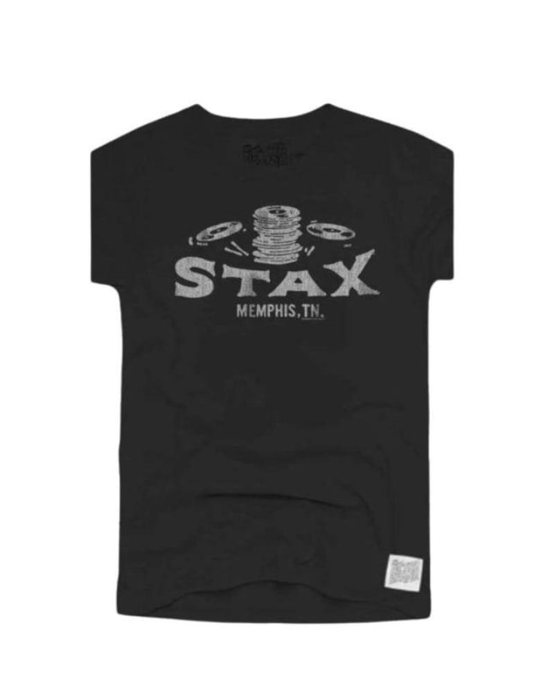 Front of a model wearing a size L Stax Records Tee in Black in Black by The Original RETRO BRAND. | dia_product_style_image_id:346354
